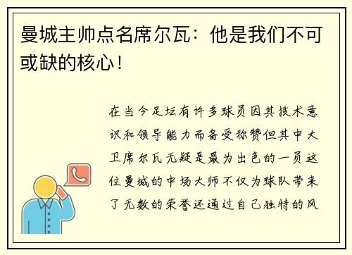 曼城主帅点名席尔瓦：他是我们不可或缺的核心！