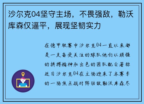 沙尔克04坚守主场，不畏强敌，勒沃库森仅逼平，展现坚韧实力